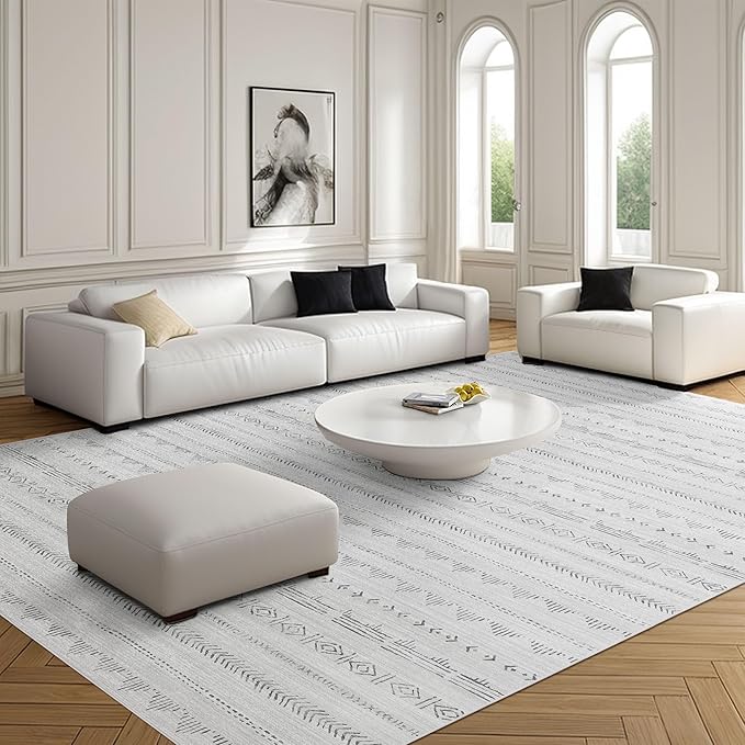 Deerly Large Area Rug, Washable 9x12 Area Rug, Boho Rug for Living Room, Moroccan Rug Farmhouse Washable Rug with Non-Slip Backing, Neutral Morden Indoor Carpet for Bedroom Dining Room, Light Grey