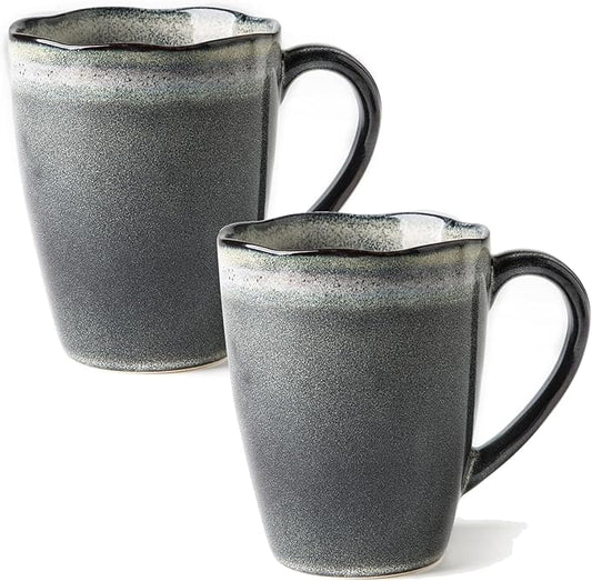 Ceramic Coffee Mugs, Set of Two, Furnace transmutation Craft, 12oz, Vintage Tea Cups with Handle for Office/Home, Handmade Pottery Mug, Corrugated Rim, Dishwasher& Microwave Safe. (Blue)