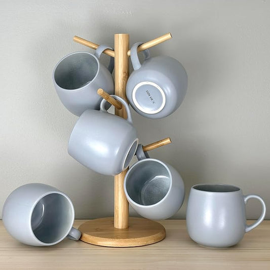 Ceramic Coffee Mugs Set of 6, 14oz - Modern Scandinavian Aesthetic - Microwavable Stoneware Coffee Cups with Comfortable Handle - Tea Mug Set for Latte, Cappuccino, Soup - Pale Blue Mist