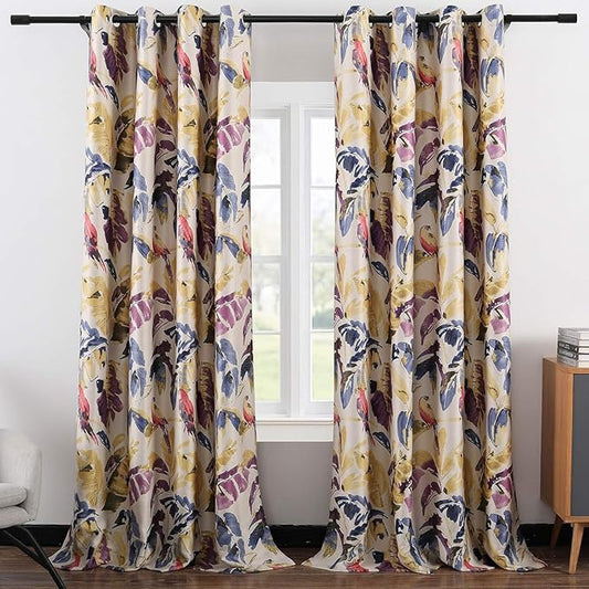Leeva Purple Curtains for Sliding Door, Tropical Style Leaves Macaw Printing Blackout Window Treatment, Decor Grommet Drapes for Living Room, 1 Piece, 100 x 84