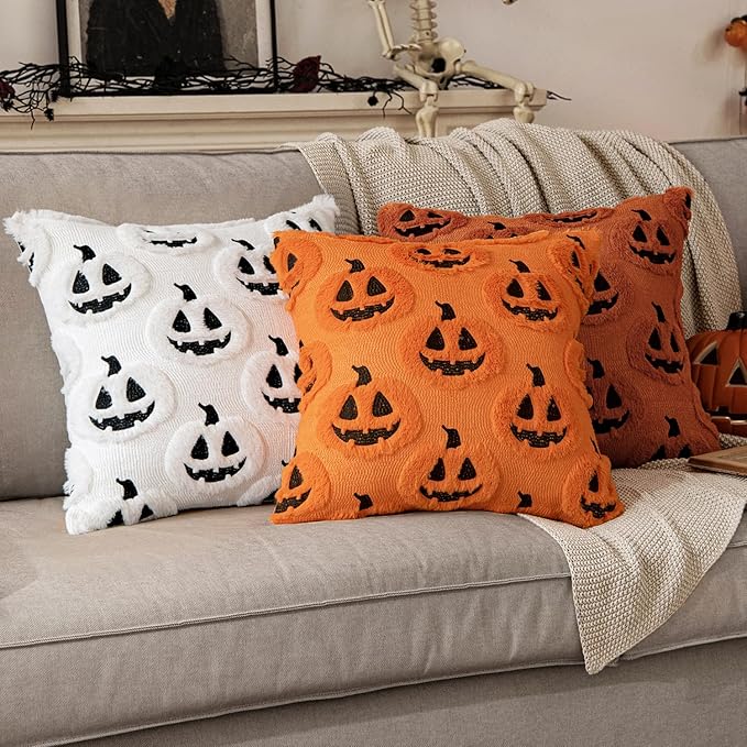 MIULEE Fall Halloween Throw Pillow Covers 18x18 Decorative Pumpkin Pattern Pillowcases Soft Plush Faux Wool Cushions for Home Patio Sofa Couch,Rust
