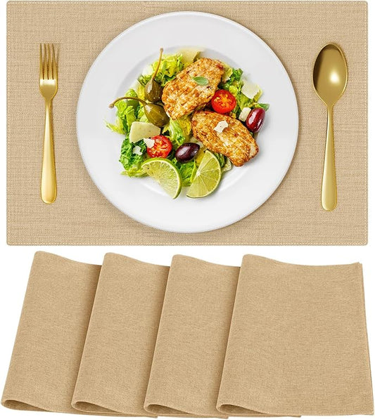 Cloth Placemats, Set of 4 Heat-Resistant Cotton Linen Blend Double Layered Machine Washable Place Mats, Wrinkle Free Thick Fabric Dining Table Mats for Indoors & Outdoors (Cream Beige, 4)