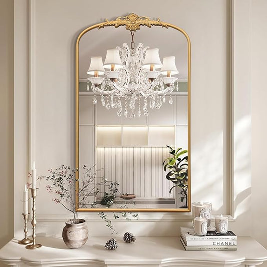 Antique Baroque Arched Mirror: 24"x42" Gold Vintage Wall Mounted Mirror - Traditional Ornate Metal Frame - Ideal for Entryway/Living Room/Hallway/Bathroom
