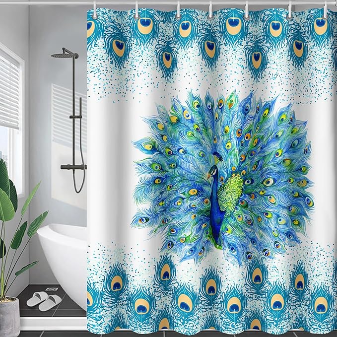 AILONEN Peacock Shower Curtain for Girls,Beautiful Green Peacock Bath Curtain for Kids Women,Peacock Feather Print Waterproof Shower Curtain for Bathroom Decor with 12 Plastic Hooks, 72" W*78" H