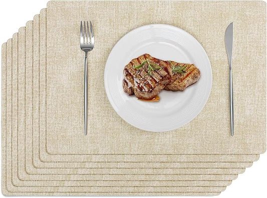 Softalker Faux Leather Placemats Set of 8-Vinyl Heat Resistant Place Mats, 100% Waterproof Oilproof Wipe Clean Table Mats for Indoor & Outdoor Use, 17’’×12’’, Beige