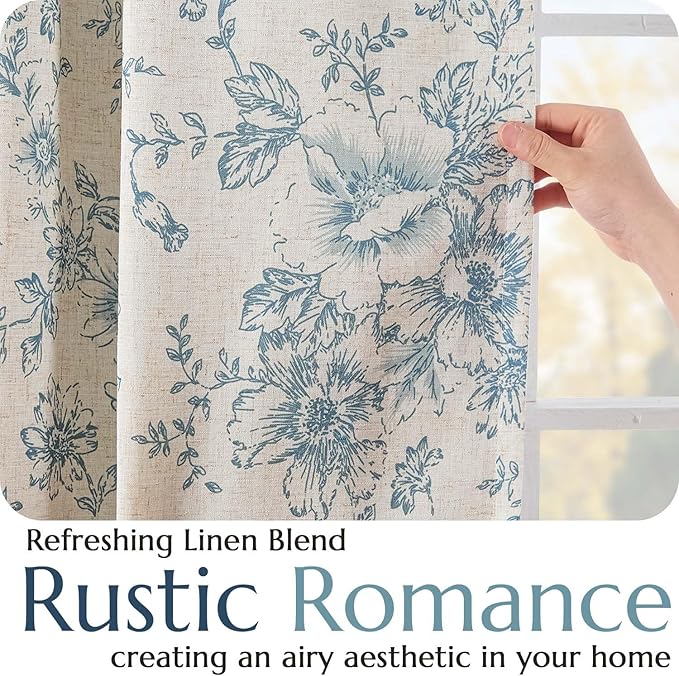 jinchan Blackout Linen Blend Curtain Floral Blackout Curtains for Living Room 90 Inch Length Blue Printed with Lined Blackout Curtain for Bedroom Farmhouse Curtains Set 2 Panels