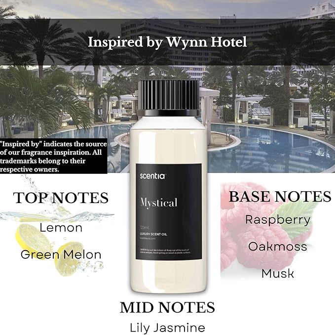 Hotel Diffuser Oil Inspired by The Wynn, Las Vegas Hotel - 120 mL 4.06 fl oz - Essential Oil Blend Melon, Raspberry, Lily, Jasmine & Lemon for Aromatherapy Diffusers - Mystical