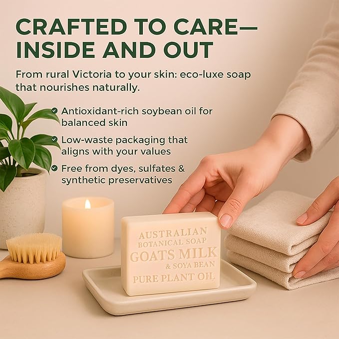 Australian Botanical Soap Goat Milk Soap Bar Triple-Milled Vegan Cleanser with Shea Butter & Soya Bean Oil – Gentle Hydration for Sensitive Skin 6.8 oz – 1 Pack