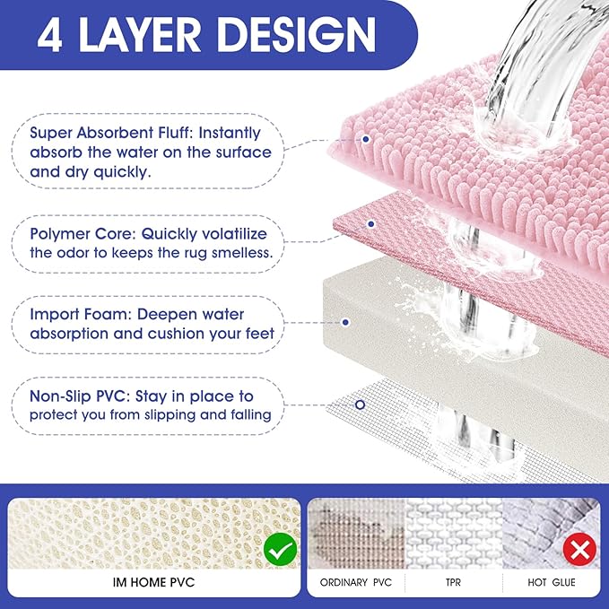 ACCUMTEK Striped Pink Toilet Bathroom Rug Mat Set 2 Piece Rug Ultra Soft, Non Slip Chenille Bath Rugs, Absorbent Plush Shaggy Bath Mats for Bathroom, Bedroom, Kitchen, Shower, Tub