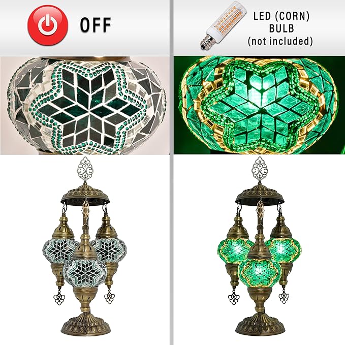 mozaist 3 Globe Mosaic Tiffany Style Table Lamp, Stained Glass Turkish Handcraft Desk Light, Bohemian Vintage Guestroom, Study Room Decorative Teal Lighting with US Plug & E12 Socket(Turquoise Green)