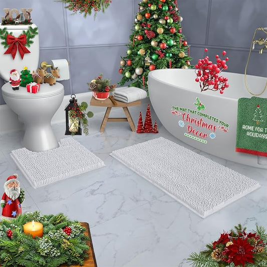 Bathroom Rugs Sets 2 Piece, Luxury Chenille Bath Mat Set, Soft Plush Anti-Slip Bath Rug + U-Shaped Toilet Mat. Microfiber Shaggy Carpet, Super Absorbent (24” x 36” & 20” x 24” U, White)