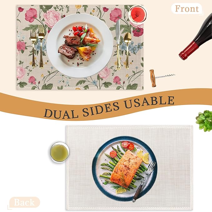 Summer Floral Placemats Set of 6,Washable Heat Resistant 12×18 Inch Linen Table Mats Vintage Rose Place Mats for Summer Party Outdoor Dining Decor