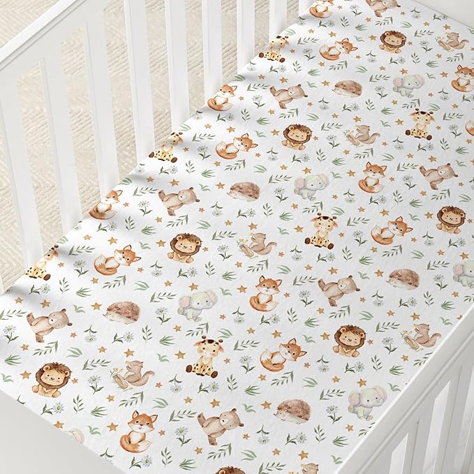 Horaldaily 2 Pack Fitted Crib Sheet for Boys Girls,Soft Breathable Washable Jersey Microfiber Baby Crib Sheet, Fits Standard Size Crib Mattress 28in x 52in, Cute Animals Nursery Sheet Green/White