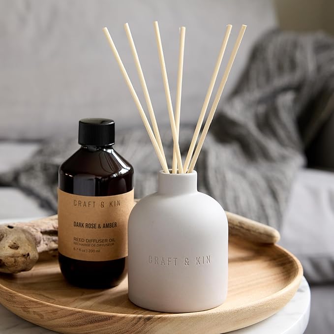Craft & Kin Reed Diffuser Set - Rose & Oud, Reed Diffusers for Home with Fragrance Sticks - The Earthenware Collection, 6.7oz Alcohol-Free, Essential Oils