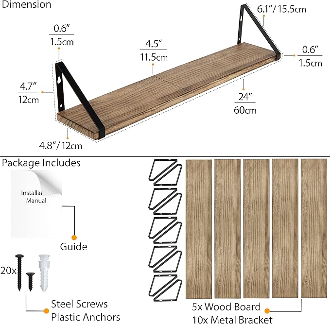 Wallniture Ponza 24" Floating Bookshelf, Wood Floating Shelves for Wall Storage, Rustic Wall Shelves for Bedroom, Living Room, Bathroom, Kitchen Set of 5