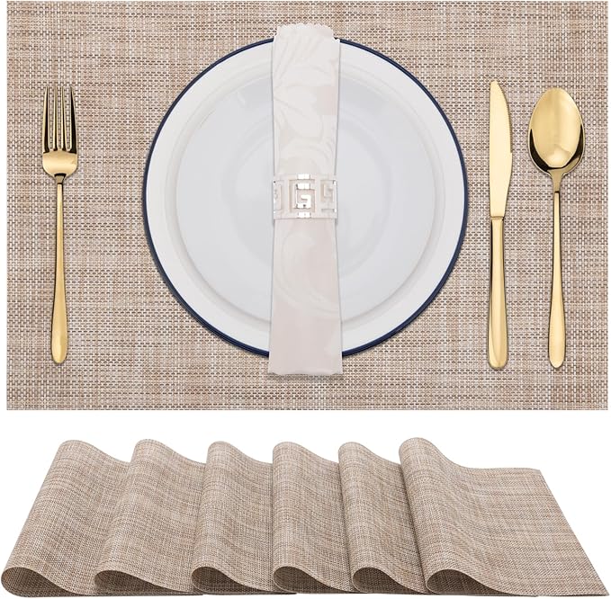 Winknowl Placemats Set of 6 Woven Vinyl Insulation Indoor Place mats for Dining Table, Washable Durable PVC Table Mats (Caramel)