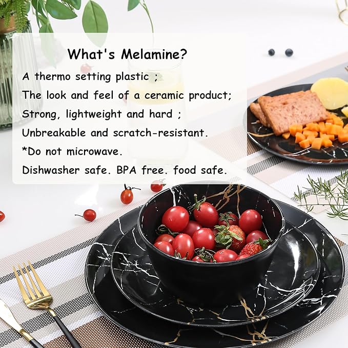 Melamine Dinnerware Set - 12pcs Plates and Bowls Sets Best for Indoor and Outdoor Party, BPA-Free Dishwasher Safe Kitchen Dinner Set with Black Marble Pattern
