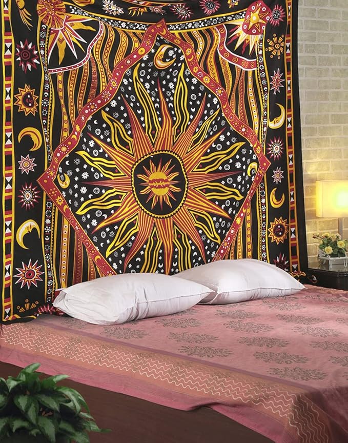 RAJRANG Large Orange Tapestry Wall Hanging 84x90 Inch Celestial Sun Moon Star Planet Spiritual Aesthetic Tapestry for Bedroom Dorm Decor