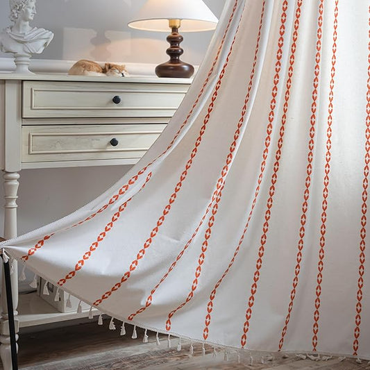 Sutuo Home Boho Curtains 84 inches for Bedroom Living Room, Semi Blackout Embroidery Window Bohemian Tassels Drape for Fall Halloween Decor, Rod Pocket 1 Panel 52" W x 84" L, White and Orange