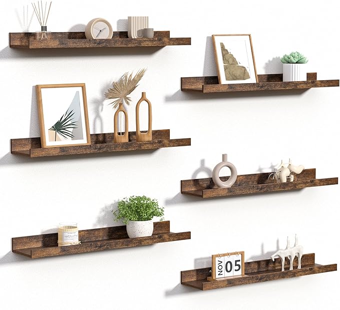 upsimples Floating Shelves for Wall, Wall Shelves for Decor Storage Set of 6, Wall Mounted Wood Shelves for Bedroom, Living Room, Bathroom, Kitchen, 23.6 inch Long Picture Ledge Shelves, Brown