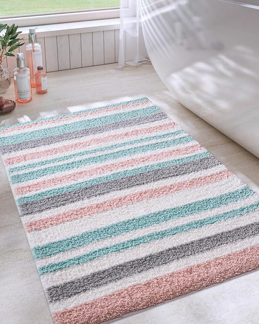 LUMI Striped Bath Rugs, Extra Soft and Absorbent Microfiber Bath Mat, Machine Wash Non-Slip for Bathtub or Bathroom Floor, 24"x36", Pink