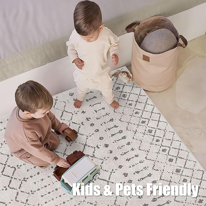 Deerly Area Rug 6x9 Living Room Distressed Area Rugs, Non Slip Washable Rugs Large Moroccan Boho Farmhouse Rug for Bedroom Dining Room, Neutral Low Pile Indoor Floor Carpet, Off White/Grey