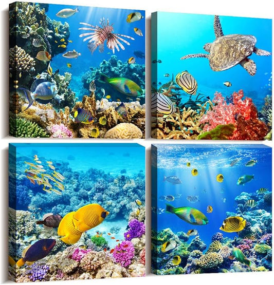 Bathroom Wall Decor Canvas wall art for living room Coral and Fish Modern Home Decor 4 Panels Stretched and Framed Ready to Hang blue Ocean Theme Sea Fish and sea Turtles undersea world Canvas Prints