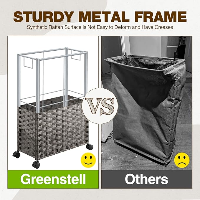 Greenstell Laundry Hamper with Wheels, 11.9 Gallon (45L) Small Clothes Hamper with 2 Removable Liner Bags & 2 Mesh Bags, Slim Rattan Laundry Basket for Bathroom, Bedroom, Grey