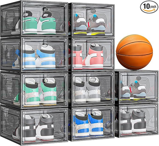 10 Pack Thicken Shoe Organizer Stackable,Upgraded Sturdy Shoe Storage Box with Magnetic Door,Shoe Containers For Sneaker Display,Hat Organizer,Black…