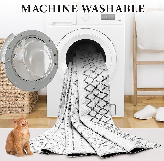 Area Rug for Living Room 6x9: Large Washable Boho Moroccan Rugs Geometric Neutral Rug, Non-Slip Foldable Morden Farmhouse Indoor Floor Carpet for Bedroom Dining Table Home(Black,6'X9')