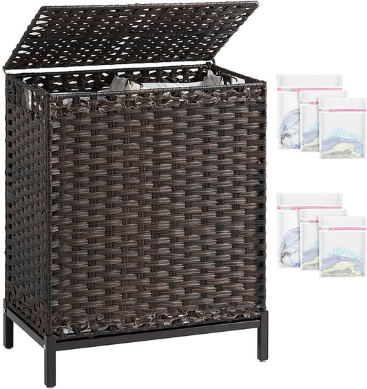 Laundry Hamper with Lid, 112 L Handwoven Rattan Wicker Laundry Basket, 2 Removable Liner Bags Metal Heightened Feet, 6 Mesh Bags, 2 Section Large Clothes Hamper for Bathroom Bedroom, Brown