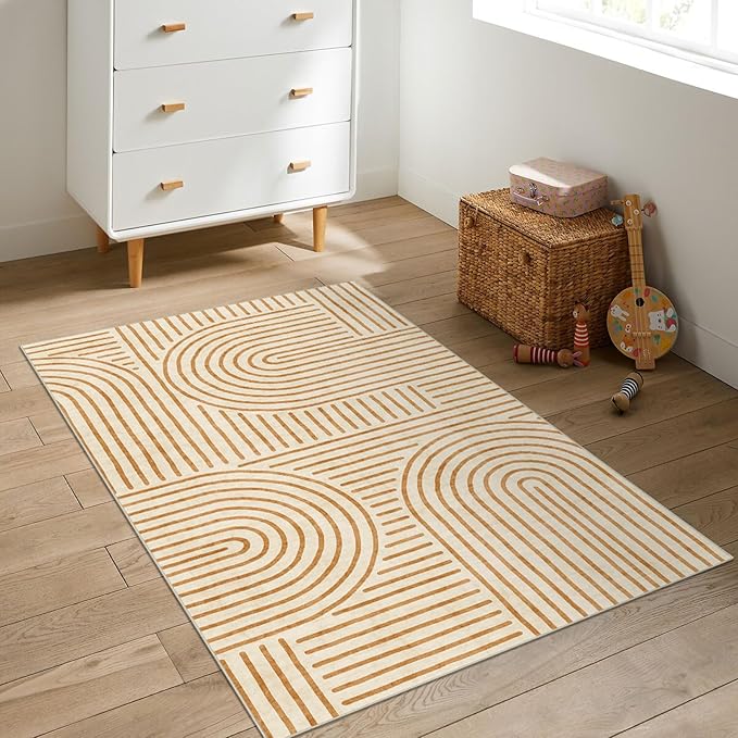 3x5 Washable Area Rug - Small Entryway Rug Non-Slip Orange Abstract Rainbow Kitchen Rugs Modern Boho Carpet Throw Rugs for Living Room Bedroom Bathroom Dorm Nursery Room Home Decor