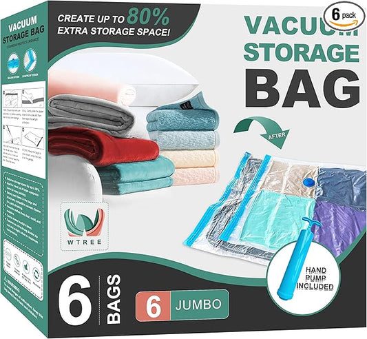 Vacuum Storage Bags, Space Saver Bags, Vacuum Sealed Bags for Comforters, Blankets, Clothes Storage, Hand Pump Included, 6-Jumbo