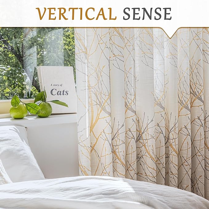 FMFUNCTEX Linen Semi Sheer Curtains for Bedroom, Yellow White Curtains 108 Inches Long for Living Room, Grey Tree Branch Print Curtain Light Filtering Extra Long Window Drapes, Grommet Top 2 Panels
