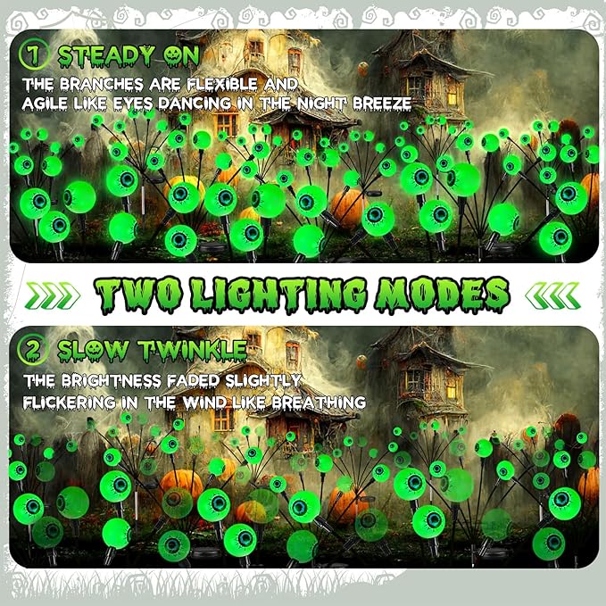 8Pack 48LED Green Solar Halloween Eyeball Lights Outdoor, Solar Garden Lights Outdoor Waterproof, Firefly Light Swaying by Wind with 2 Modes for Pathway Patio Yard Garden Halloween Decorations