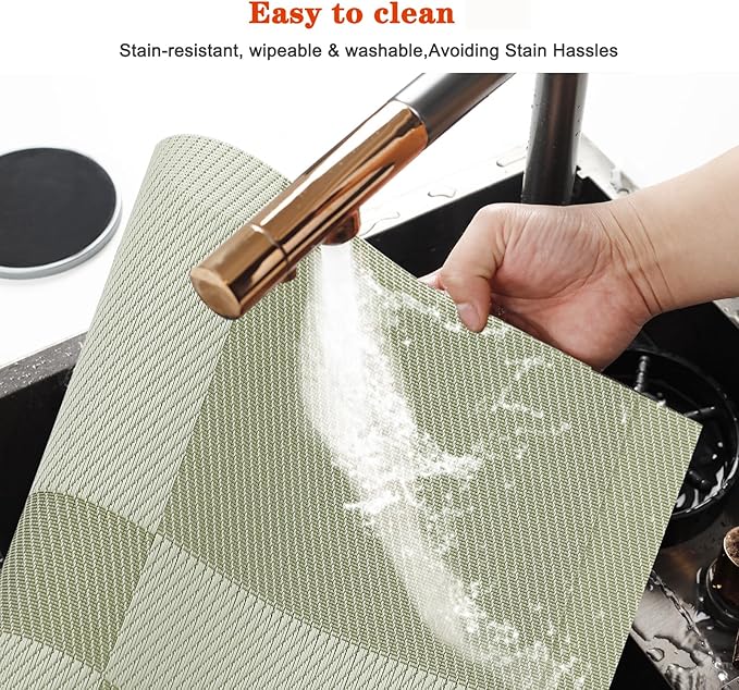 Placemats Set of 12,Washable,Heat and Stain Resistant Indoor/Outdoor Place mats, Vinyl Woven Non Slip Table Mats for Restaurant Table Protection, PVC Table Placemats.(Green, 12PCS)