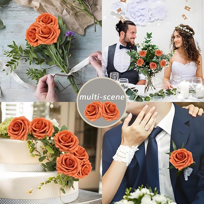50PCS Artificial Flowers Burnt Orange Roses Real Looking Foam Fake Roses with Leaves and for DIY Wedding Bouquets Bridal Shower Centerpieces Party Decorations (Burnt Orange)
