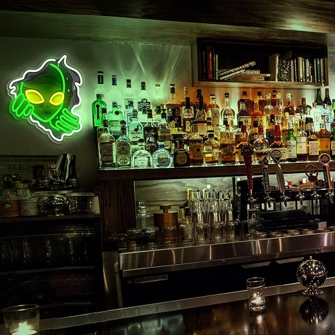 Alien Neon Sign,Dimmable Green Alien Led Neon Lights for Wall Decor Game Room Home Bar Party Bedroom Man Cave Decor,USB Powered Alien Light up Sign Gifts for Kids Teen Boy Room Decor
