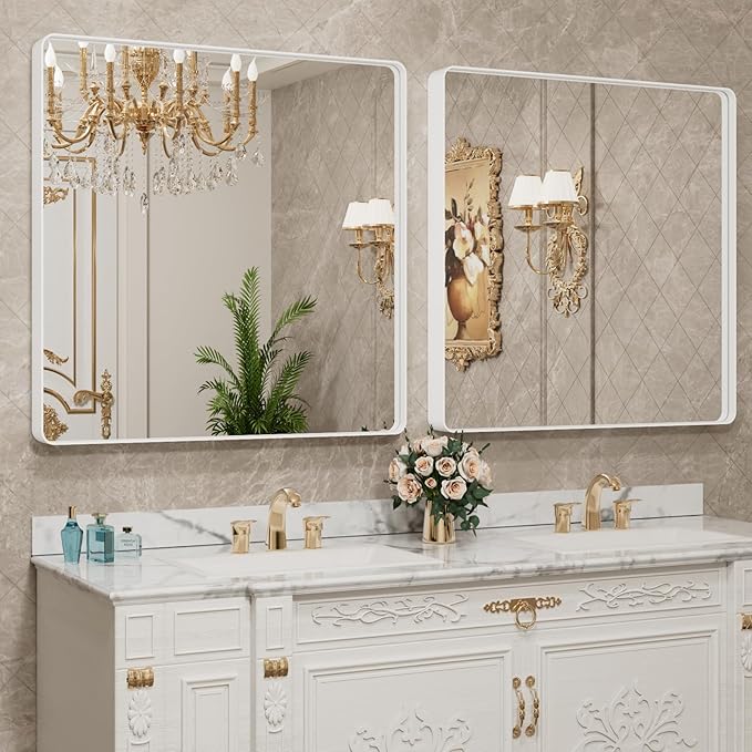 LOAAO 30x30 Inch White Metal Framed Bathroom Mirror for Wall, White Bathroom Vanity Mirror Farmhouse, Large Rounded Rectangle Mirror, Anti-Rust, Hangs Horizontally or Vertically