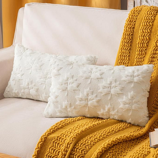 Maple Leaf Fall Throw Pillow Covers 12"x20" Set of 2, Cream White Farmhouse Decorative Pillow Covers for Autumn Harvest Holiday Accent Pillow Cases, Faux Fur Pillow Covers for Couch Bed Room