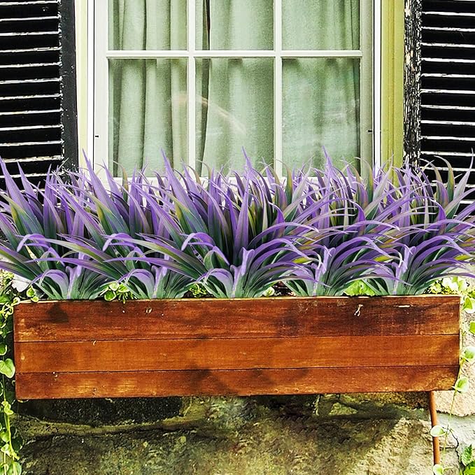 16Pcs Artificial Grass Fake Plants 17.3in Outdoor Plants UV Resistant Faux Greenery Stems Fake Grass for Home Window Garden Office Patio Pathway Front Porch Halloween Décor Green & Purple