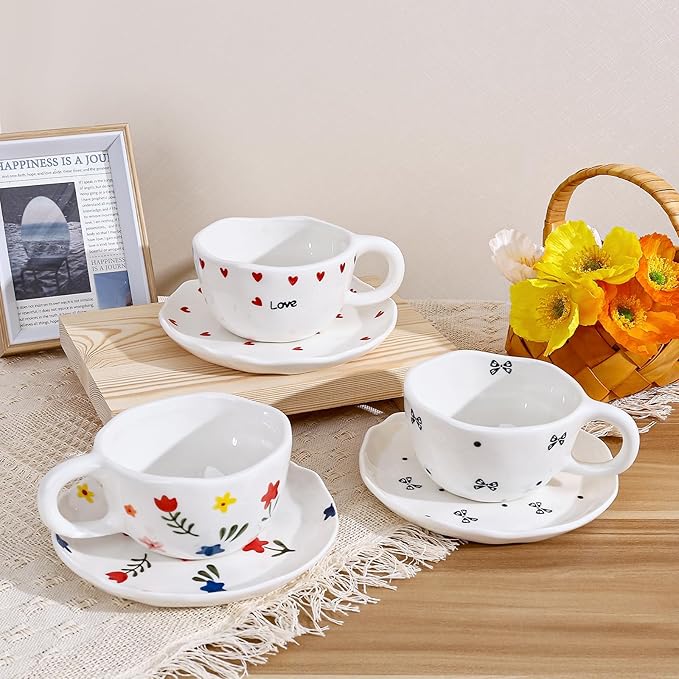 Koythin Ceramic Coffee Mug with Saucers, Handmade Flowers Mugs, Cute Cup for Girl Women, Aesthetic Tea Milk Cup with Handle, 8.5 oz/250 ml for Latte, Cocoa, Office, Home (Little Heart Love)