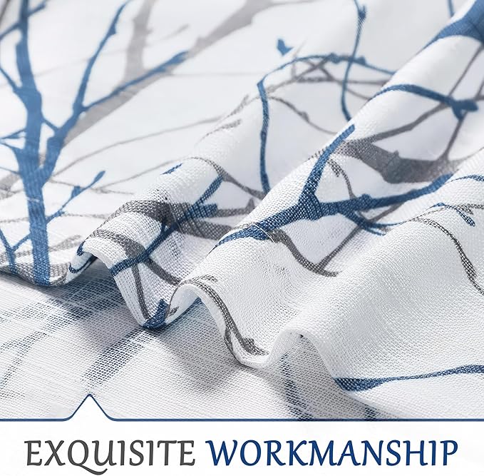 FMFUNCTEX Blue White Sliding Glass Door Curtain 84 Inches Long Branch Tree Print 100 Inch Extra Wide Linen Semi Sheer White Grommet Curtain for Living Room Patio Door Room Divider Curtain 1 Panel