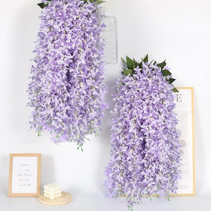 Artificial Lilac Flowers Garland 8Pcs-24Branches 33.5in Fake Syringa Wisteria Vines Faux Silk Lilac Hanging Floral Decoration for Indoor Outdoor Wedding Arch Birthday Party Garden Balcony (Purple)