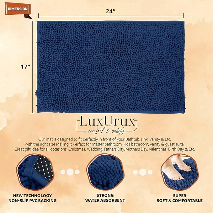 LuxUrux Bathroom Rugs Sets 2 Piece - Plush Bath Mat Set Quick-Dry Soft Chenille Bathroom Mat with Rubber Backing, Absorbant Bathroom Rug Set, Washable.(17 x 24, Blue)