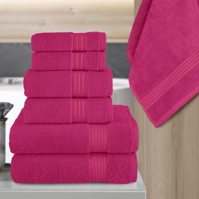 Elegant Comfort Premium Cotton 6-Piece Towel Set, Includes 2 Washcloths, 2 Hand Towels and 2 Bath Towels, 100% Turkish Cotton - Highly Absorbent and Super Soft Towels for Bathroom, Hot Pink
