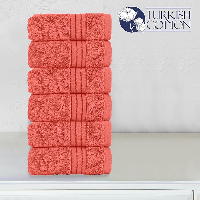 Elegant Comfort Premium Turkish Cotton 6 Pack Washcloths Set - 13 x 13 inch, Luxurious Hotel Spa Quality 100% Turkish Cotton 6PC Washcloth Set - Highly Absorbent - Soft Bathroom Towels, Coral
