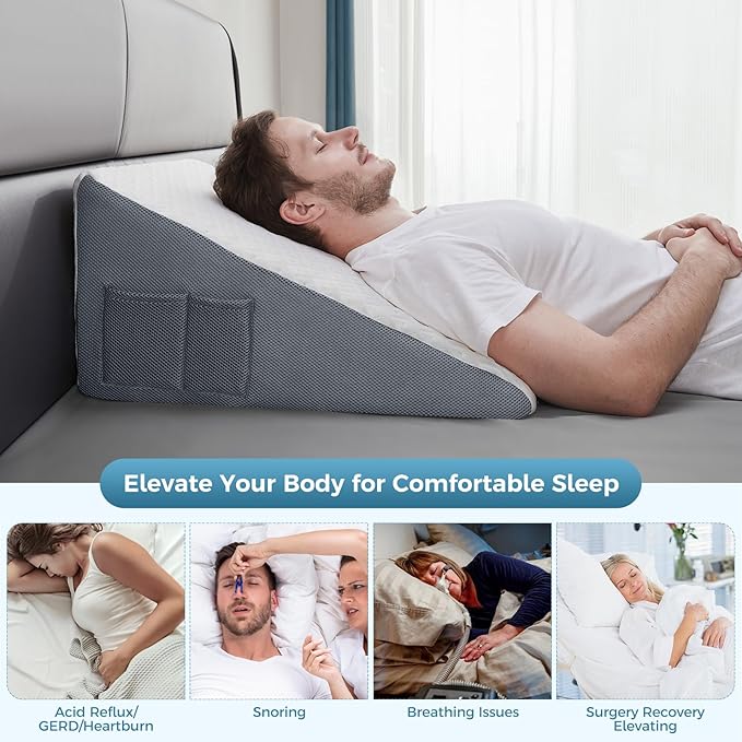 Bed Wedge Pillow for Sleeping, 10" Memory Foam Triangle Wedge Pillow Post Surgery Body Positioners Pillow for Back, Legs and Knee Support, Acid Reflux, Gerd, Heartburn and Snoring