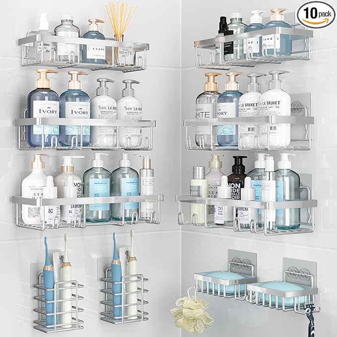 10 Pack Shower Caddy Organizer Rack Shelf for Inside Shower, Self Adhesive Wall Storage Basket Rustproof Stainless Steel Shampoo Holder Bathroom Accessory Decor Set, Silver