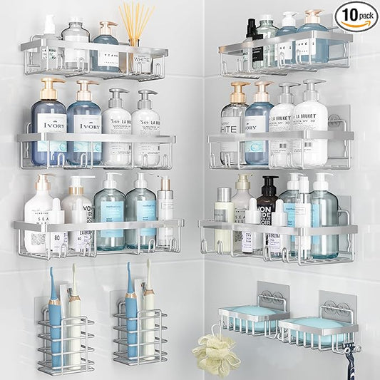 10 Pack Shower Caddy Organizer Rack Shelf for Inside Shower, Self Adhesive Wall Storage Basket Rustproof Stainless Steel Shampoo Holder Bathroom Accessory Decor Set, Silver